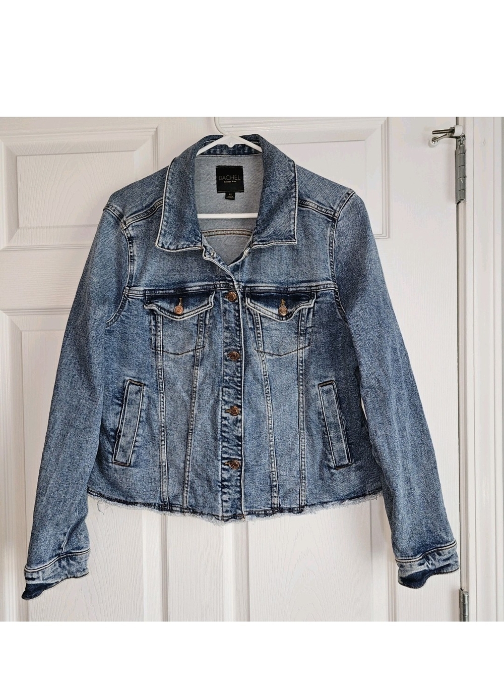 Cropped Denim Jacket Frayed Hem Acid Wash XL Trucker Distressed Y2K Grunge
